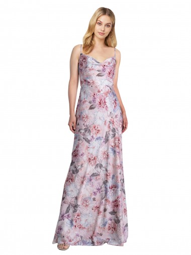 Online Draped Cowl Neck Long Printed Stretch Satin Bridesmaid Dress