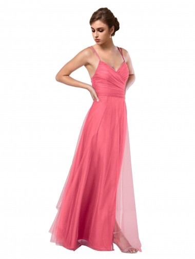 Online Flowy A-Line Tulle Bridesmaid Dress with Double Straps and V-Neck