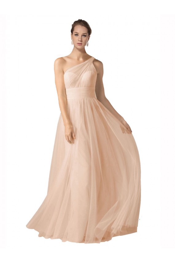 Online Illusion One Shoulder Tulle Bridesmaid Dress with Shirred Bodice
