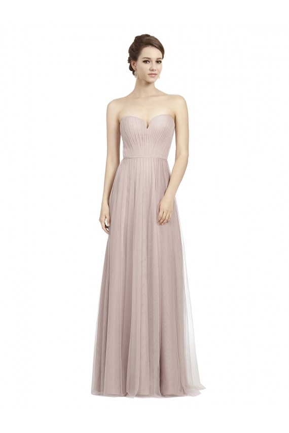Online Long Strapless Tulle Bridesmaid Dress with Pleated Bodice