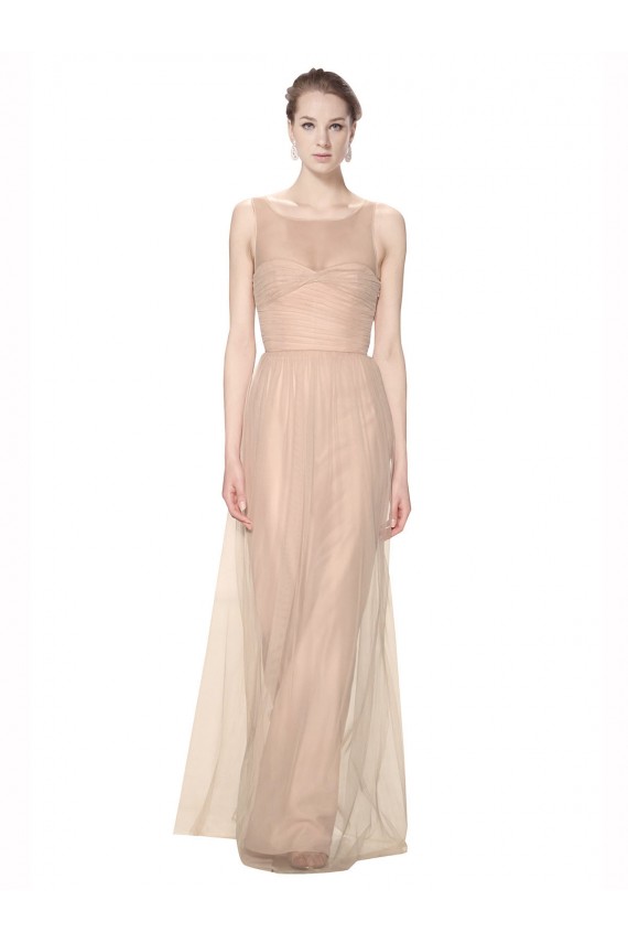 Online Long Tulle Bridesmaid Dress with Illusion Neck