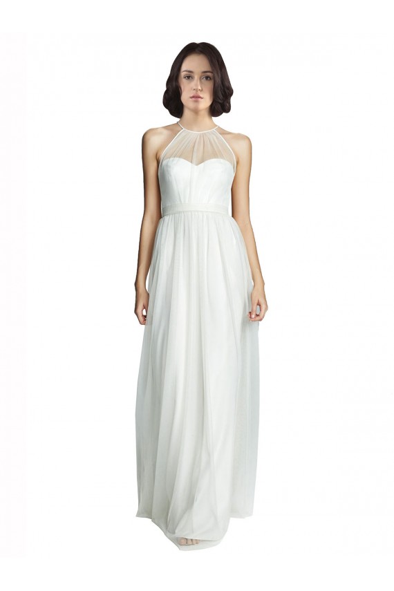 Online High Neckline Long Tulle Bridesmaid Dress with Illusion Front