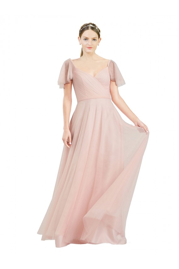 Online Long V-Neck Flutter Sleeves Tulle Bridesmaid Dress