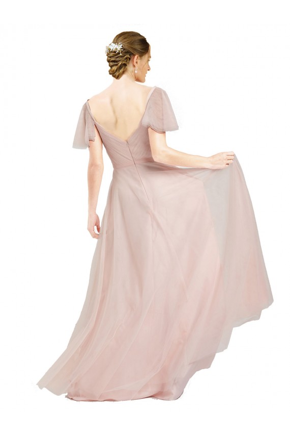 Online Long V-Neck Flutter Sleeves Tulle Bridesmaid Dress