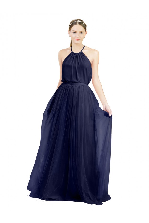 Online Long A-Line High Neck Halter Tulle Bridesmaid Dress