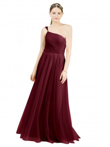 Online One Shoulder Floor Length Long Tulle Bridesmaid Dress