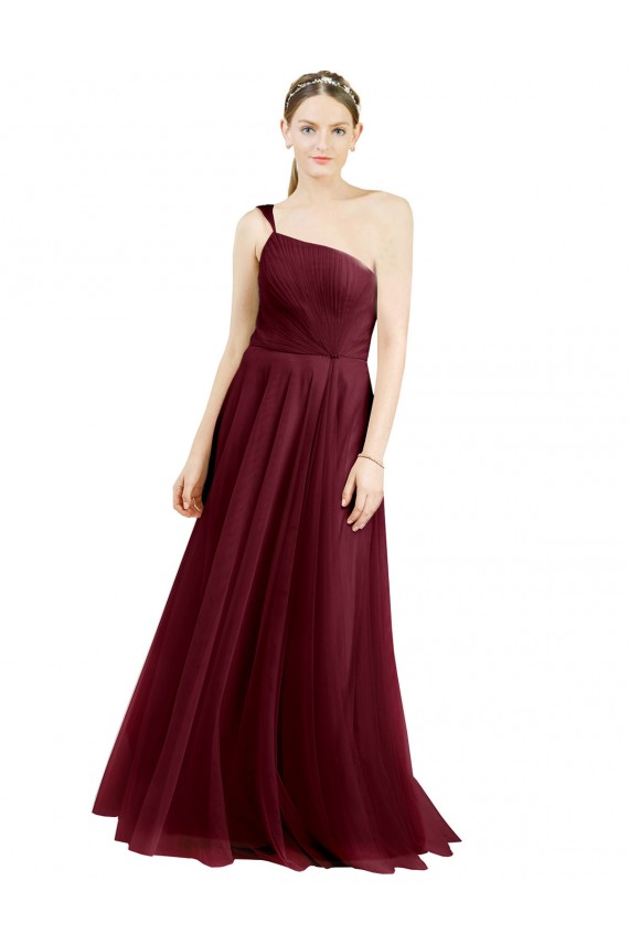 Online One Shoulder Floor Length Long Tulle Bridesmaid Dress