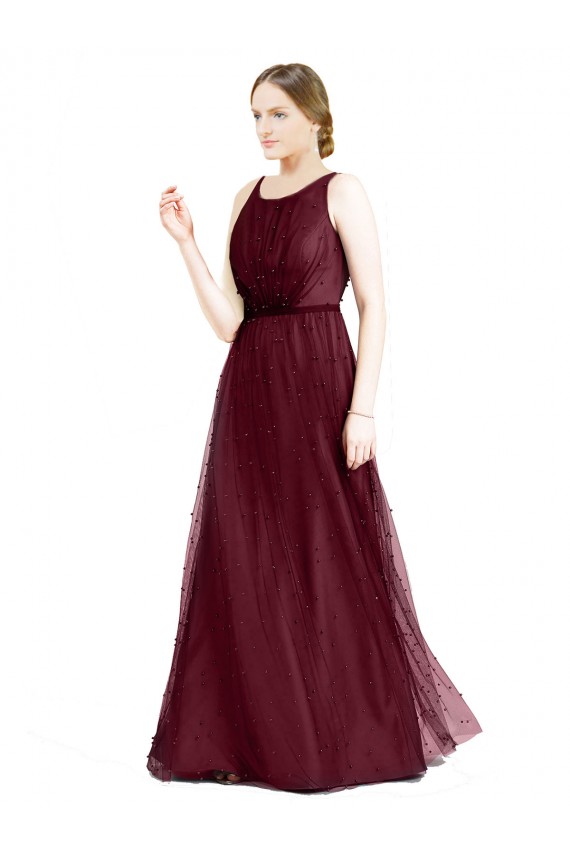 Online Sleeveless Boat Neck Long Pearl Tulle Bridesmaid Dress with Keyhole Back