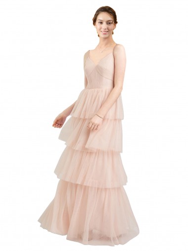 Online V-Neck A-Line Layered Long Tulle Bridesmaid Dress