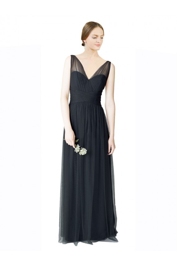 Online Long Tulle Bridesmaid Dress with Illusion Shoulder Straps and V-Back