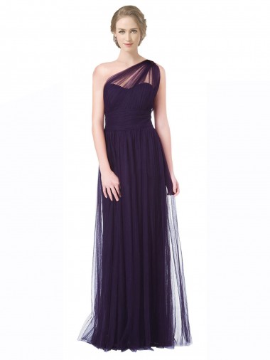 Online One Shoulder Long Tulle Bridesmaid Gown with Sheer Netting Strap