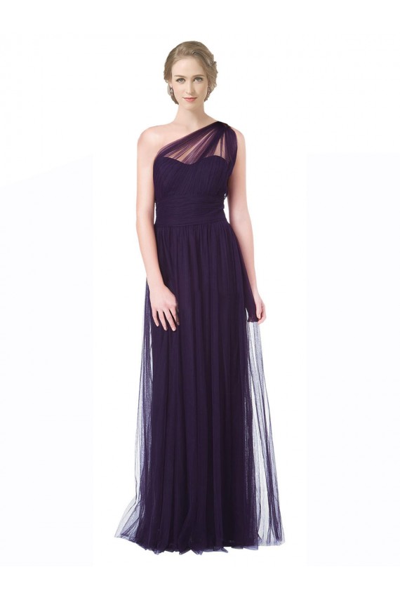 Online One Shoulder Long Tulle Bridesmaid Gown with Sheer Netting Strap