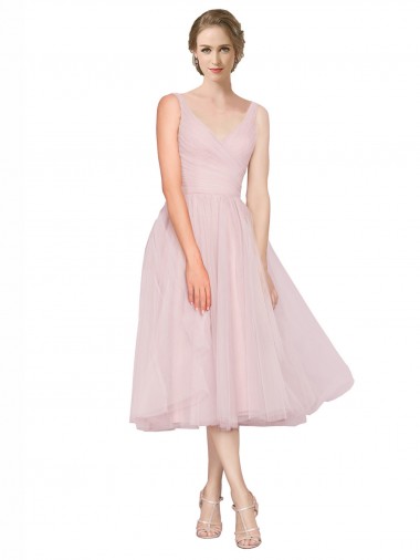 Online Short Tea Length Wide Strap Plunge Cross Over Neckline Tulle Bridesmaid Dress