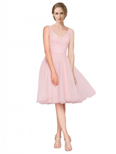 Online Short Knee Length Wide Strap Plunge Cross Over Neckline Tulle Bridesmaid Dress