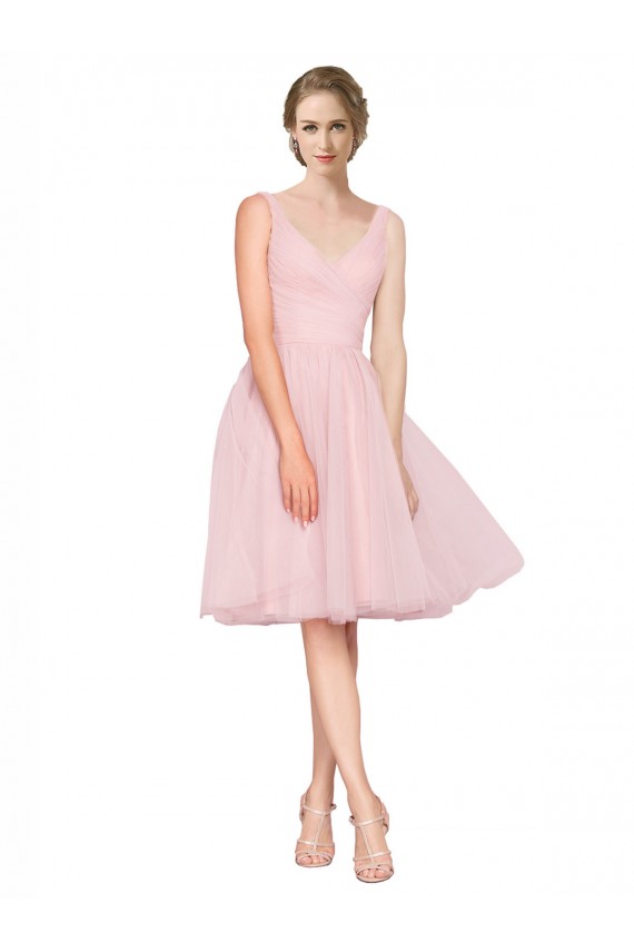 Online Short Knee Length Wide Strap Plunge Cross Over Neckline Tulle Bridesmaid Dress