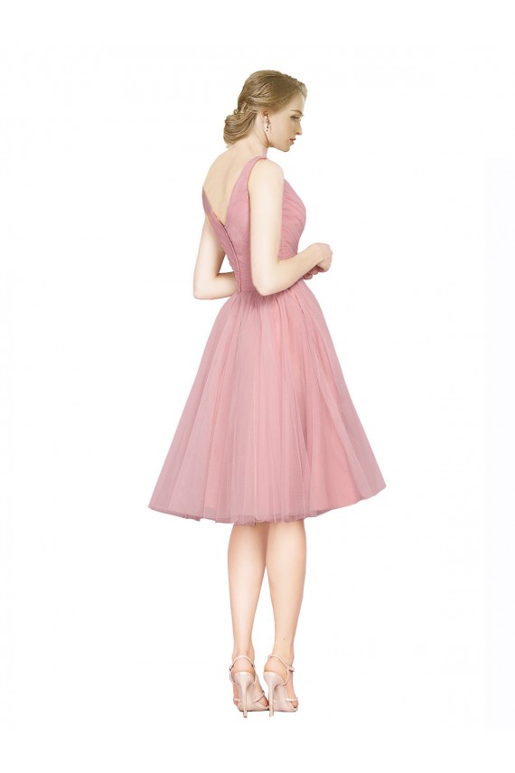 Online Short Knee Length Wide Strap Plunge Cross Over Neckline Tulle Bridesmaid Dress