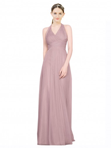 Online Ruffled Halter V-Neck Long Tulle Bridesmaid Dress with Pleats