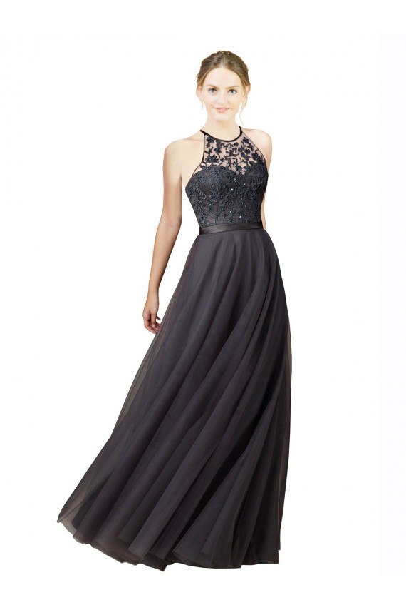 Online Sweetheart Neckline Long Sleeveless Tulle Bridesmaid Dress with Lace Bodice