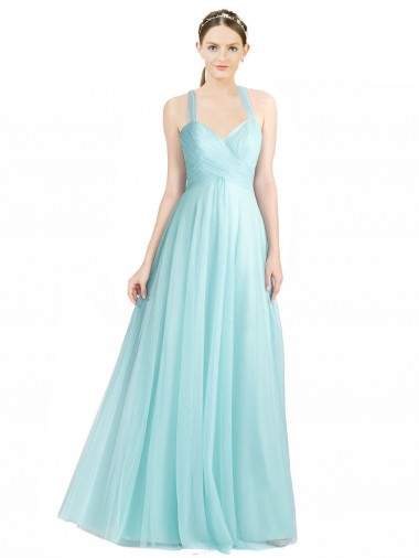 Online Ruched Sweetheart Neckline A-Line Tulle Bridesmaid Dress with Tie Open Back