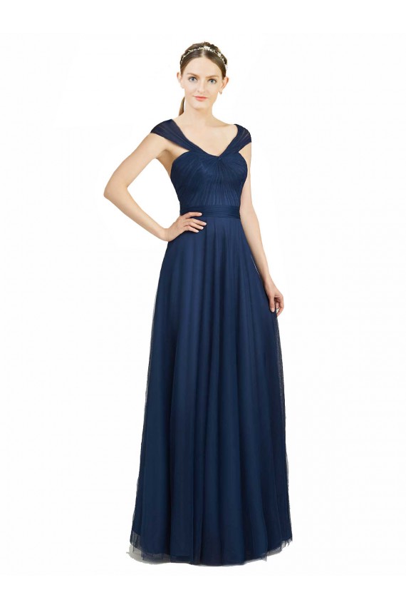 Online Ruched Sweetheart Long A-Line Tulle Bridesmaid Dress with Wide Straps and Tie Back