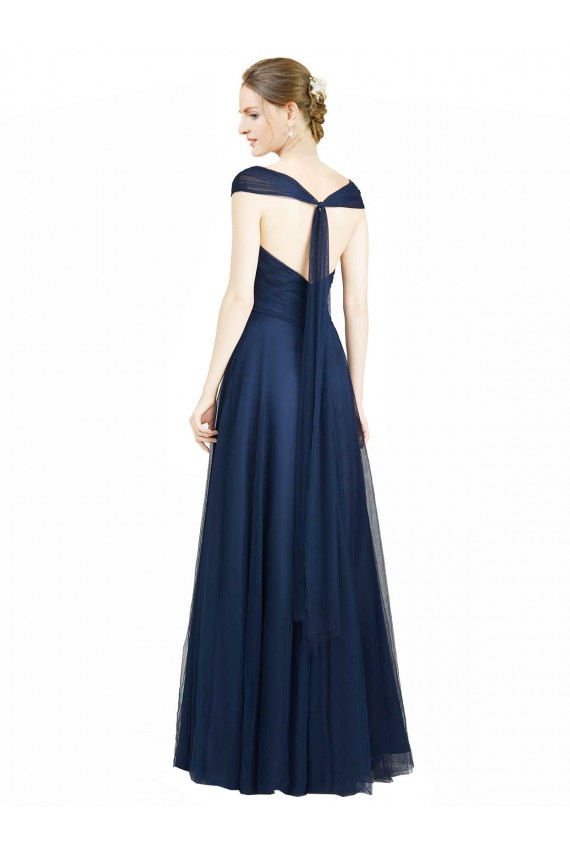 Online Ruched Sweetheart Long A-Line Tulle Bridesmaid Dress with Wide Straps and Tie Back