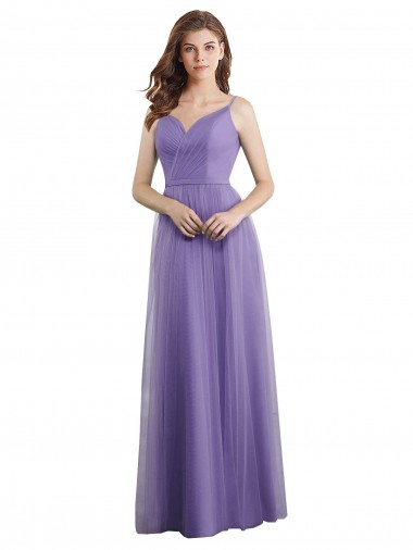 Online Sweetheart Deep V-Back Tulle Bridesmaid Dress with Draped Bodice
