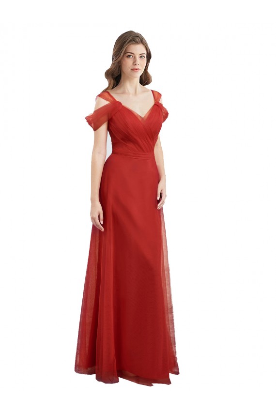 Online Cold Shoulder Pleated Wrap Tulle Bridesmaid Dress with Low V-Back