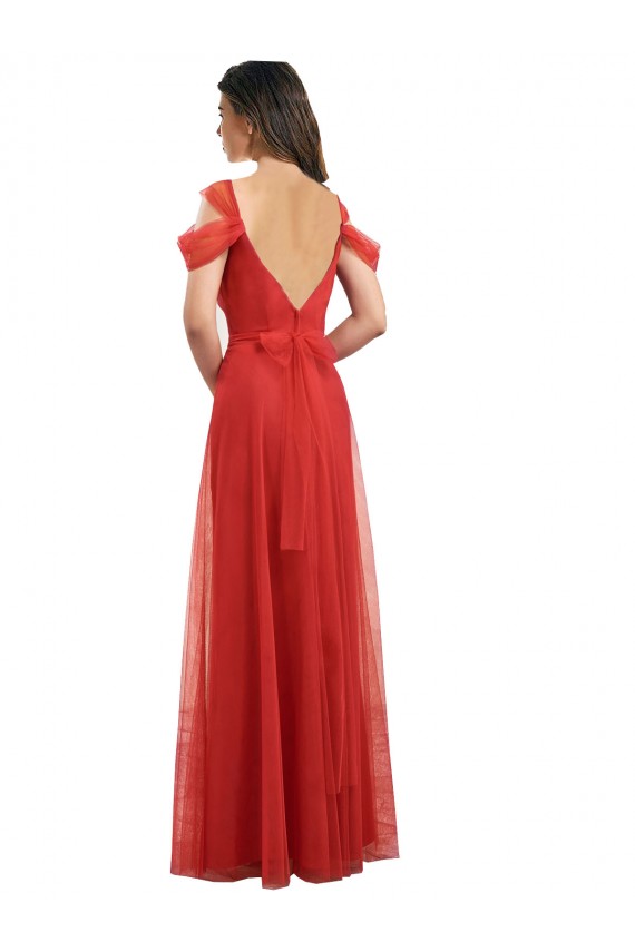 Online Cold Shoulder Pleated Wrap Tulle Bridesmaid Dress with Low V-Back