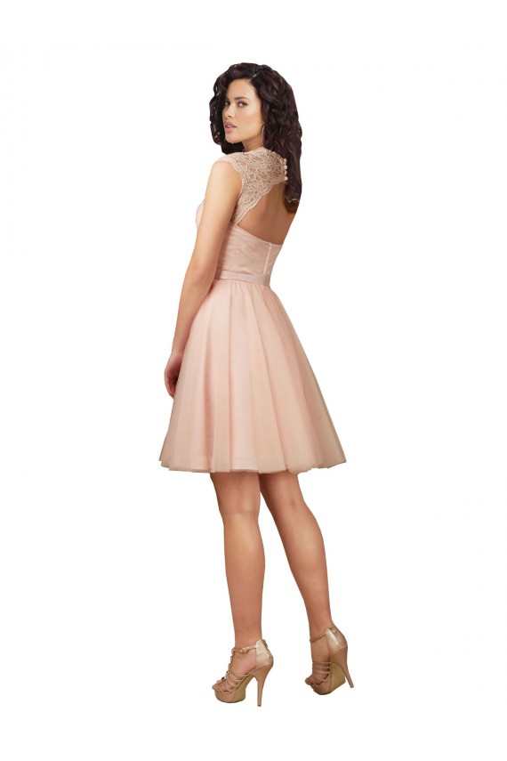 Online Lace and Tulle Bridesmaid Dress with Cap Sleeves and Keyhole Back
