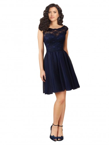Online Short Bateau Neck Tulle Bridesmaid Dress with Lace Bodice