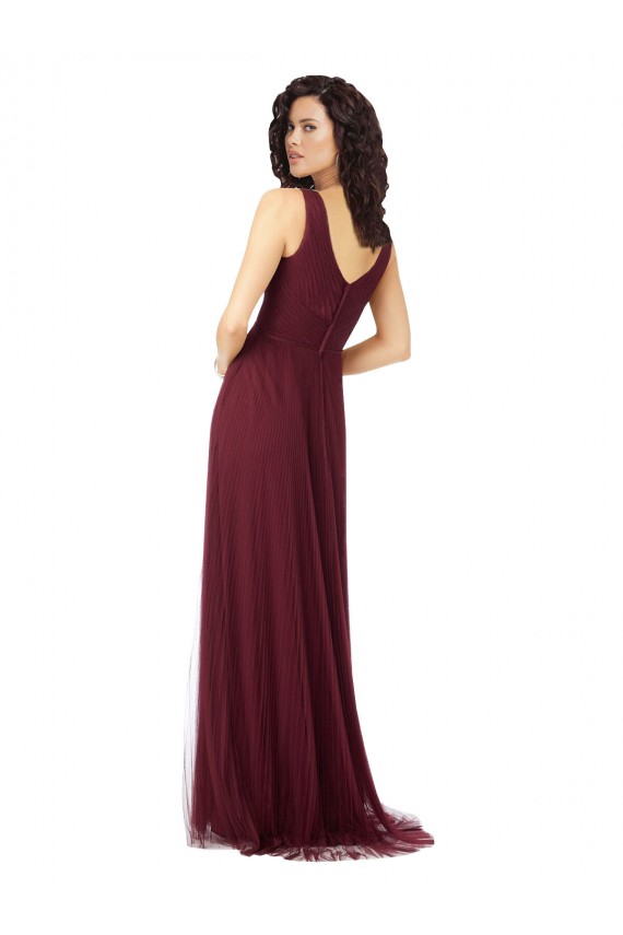 Online Long A-Line V-Neck Tulle Bridesmaid Dress