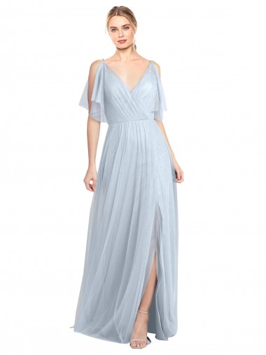 Online Floor Length Flutter Sleeves Long Tulle Bridesmaid Dress with Side Slit