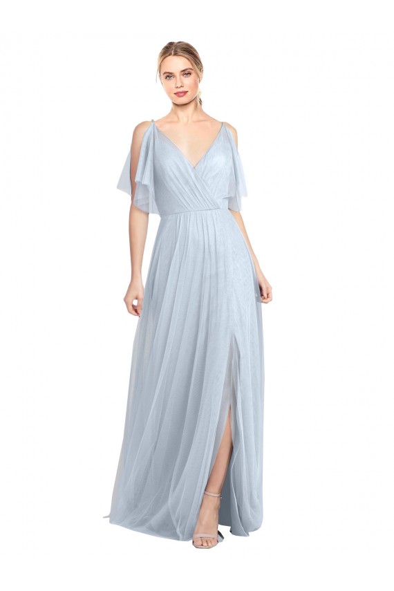 Online Floor Length Flutter Sleeves Long Tulle Bridesmaid Dress with Side Slit