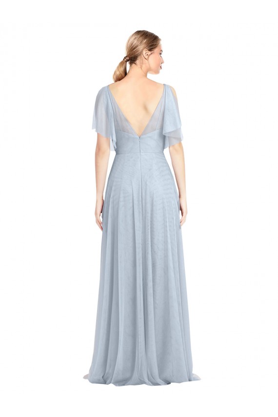 Online Floor Length Flutter Sleeves Long Tulle Bridesmaid Dress with Side Slit