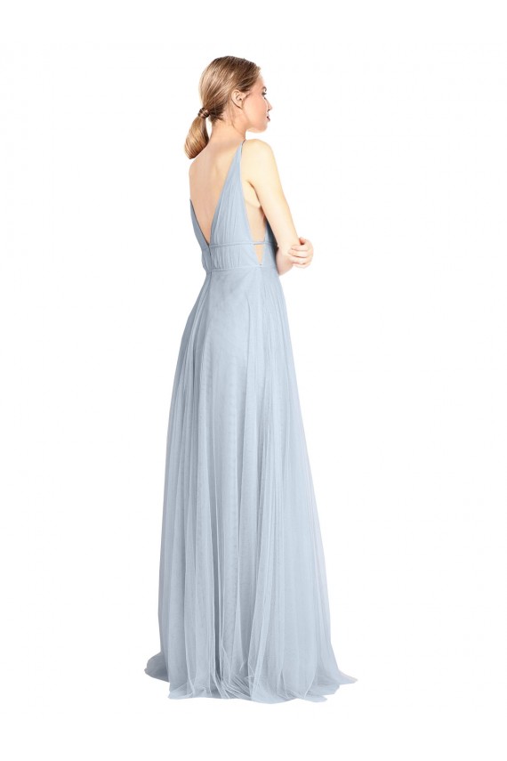 Online Plunging Deep V-Neck Long Tulle Bridesmaid Dress with V-Back