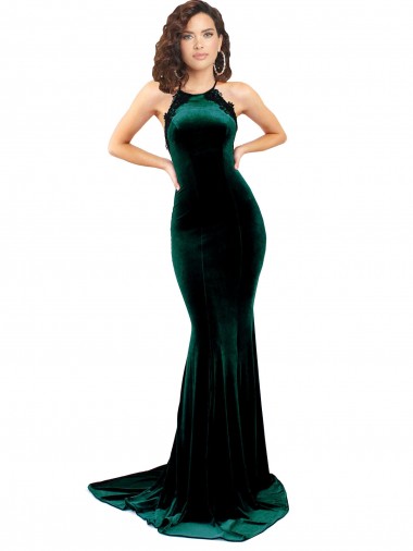 Online High Neck Stretch Velvet Bridesmaid Dress with Black Lace Embroidery