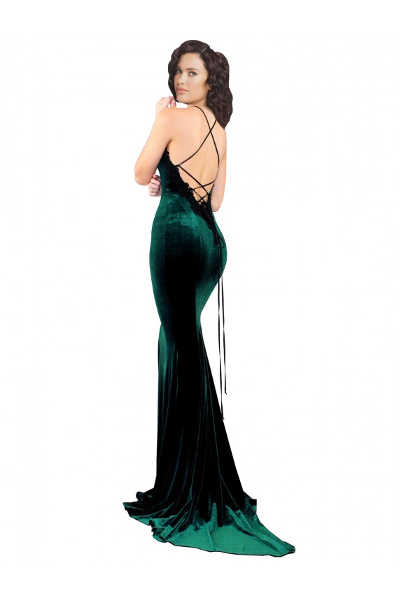 Online High Neck Stretch Velvet Bridesmaid Dress with Black Lace Embroidery