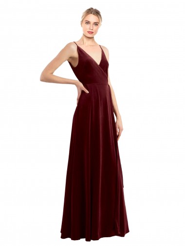 Online Faux Wrap V-Neck Sleek Long Velvet Bridesmaid Dress