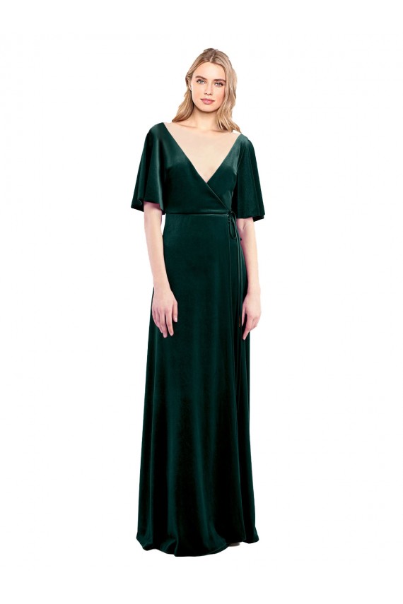 Online Deep V-Neck Flutter Sleeves Long Velvet Wrap Bridesmaid Dress