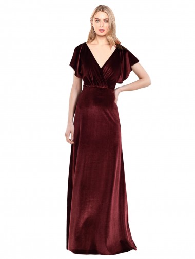 Online Flutter Sleeves Open Back Long Velvet Bridesmaid Dress