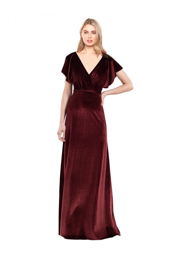 Online Flutter Sleeves Open Back Long Velvet Bridesmaid Dress