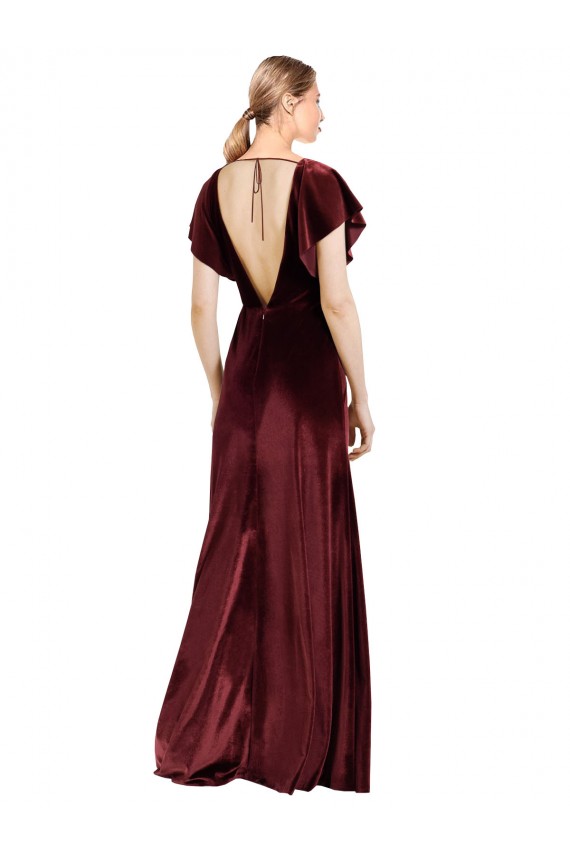 Online Flutter Sleeves Open Back Long Velvet Bridesmaid Dress