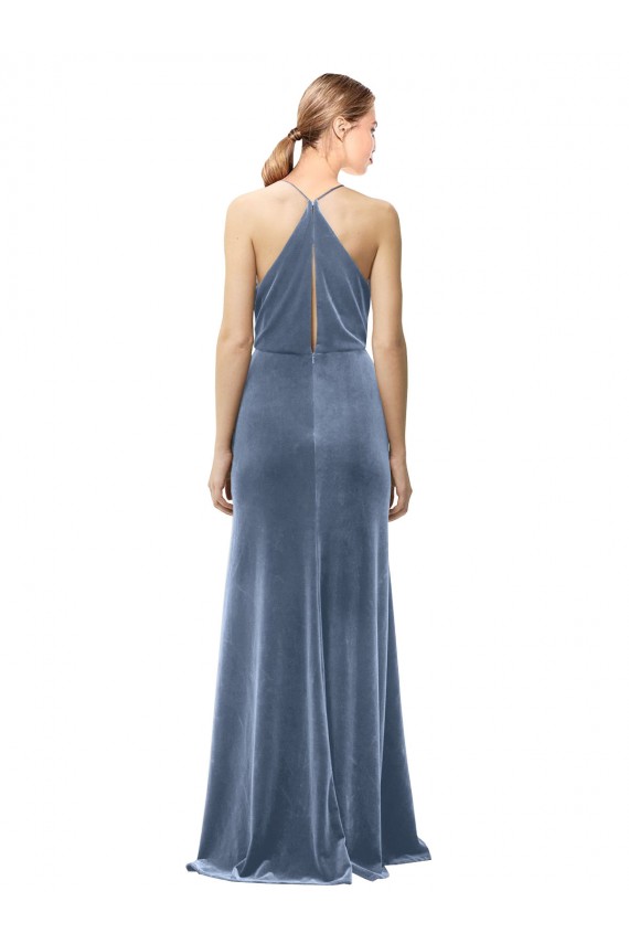 Online Halter Cowl Neck Long A-Line Velvet Bridesmaid Dress with Keyhole Back