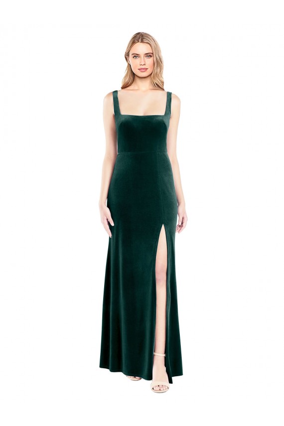 Online Square Neck Full Length Velvet Bridesmaid Dress with Side Slit