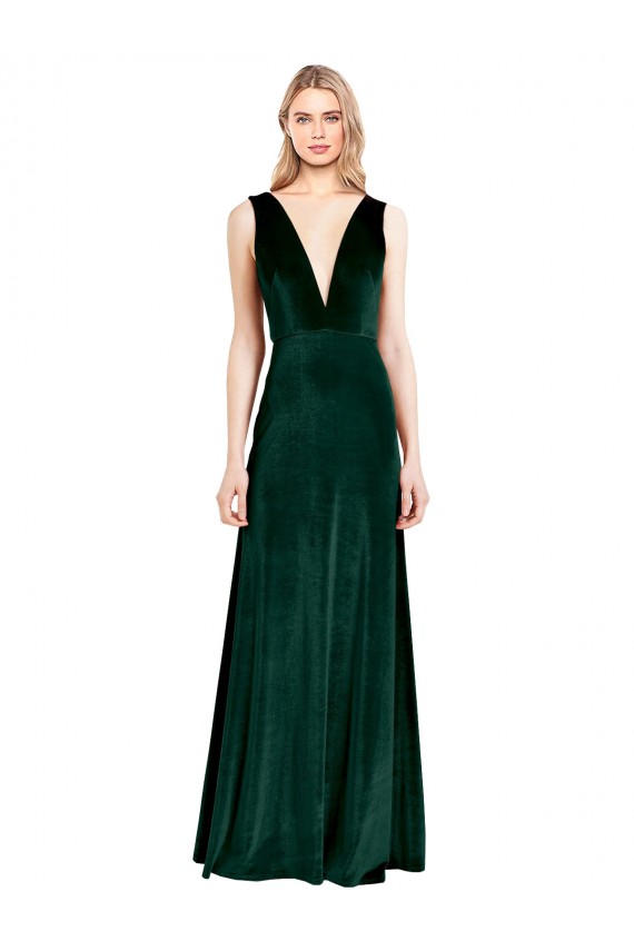 Online Daring Deep V-Neck Long Full Length Velvet Bridesmaid Dress