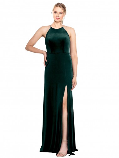 Online Long Jewel Neck Full Length Velvet Bridesmaid Dress with Side Slit