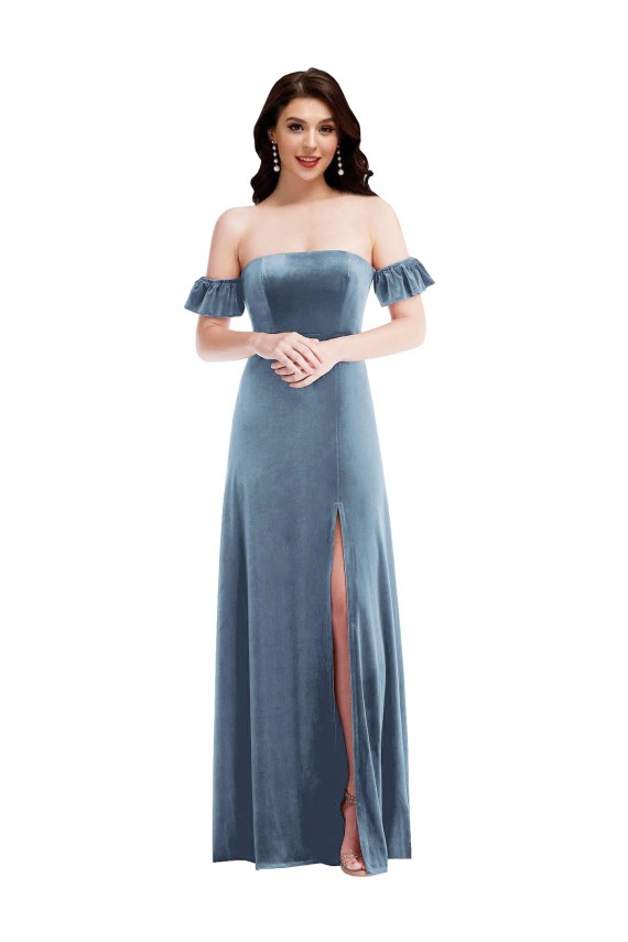 Online Ruffle Sleeve Off the Shoulder Velvet Maxi Bridesmaid Dress