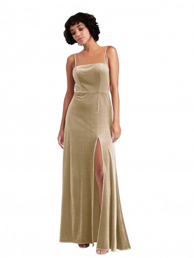 Online Square Neck Velvet Maxi Bridesmaid Dress with Front Slit