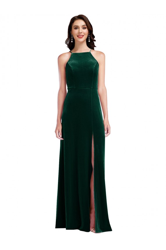 Online Velvet Halter Maxi Bridesmaid Dress with Front Slit