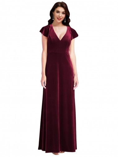 Online Flutter Sleeve Velvet Maxi Bridesmaid Dress with Pockets